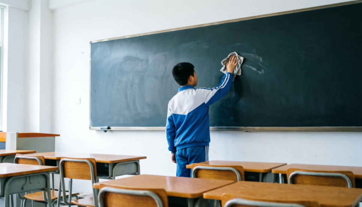школьник стирает с доски