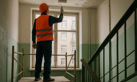 Маляр красит потолок в подъезде.
