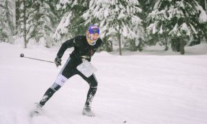 Спортсмен на лыжероллерной трассе.