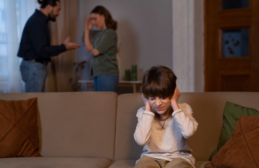 ребенок пытается спрятаться от крика родителей