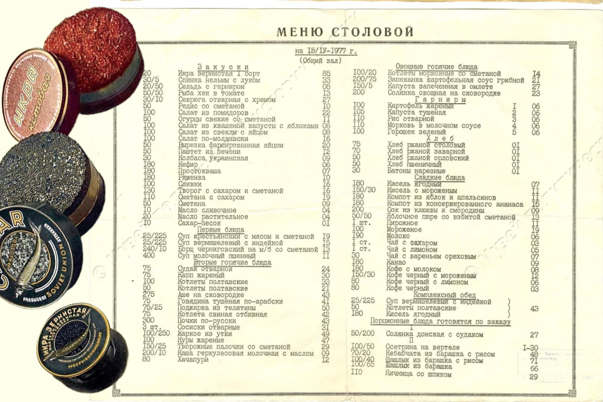 меню столовой Ленинградского горкома КПСС в Смольном 1977 года