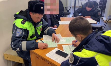 Сотрудники ГАИ заполняют бумаги