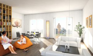 Семья сидит в просторной квартире