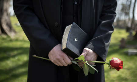 Мужчина стоит на похоронах