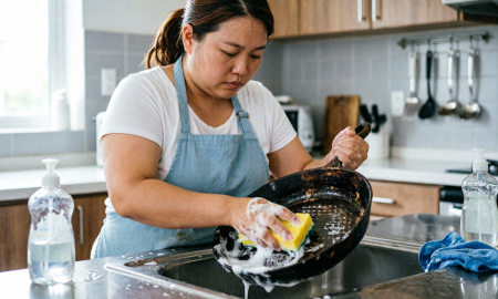 Женщина моет сковородку