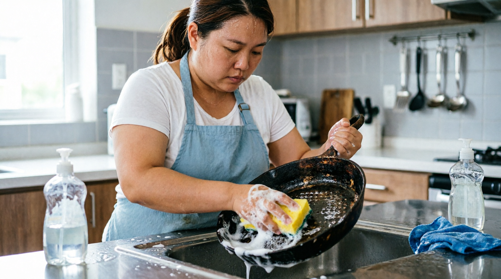 Женщина моет сковородку
