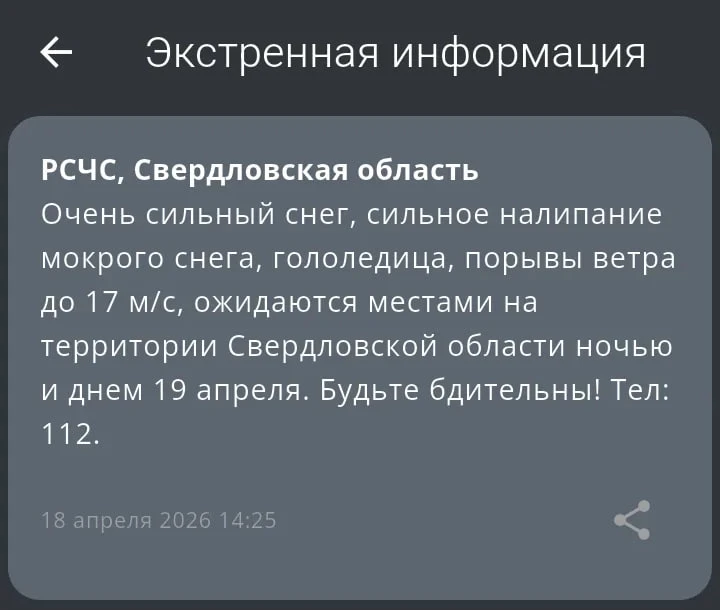 Предупреждение МЧС о снегопаде в Свердловской области
