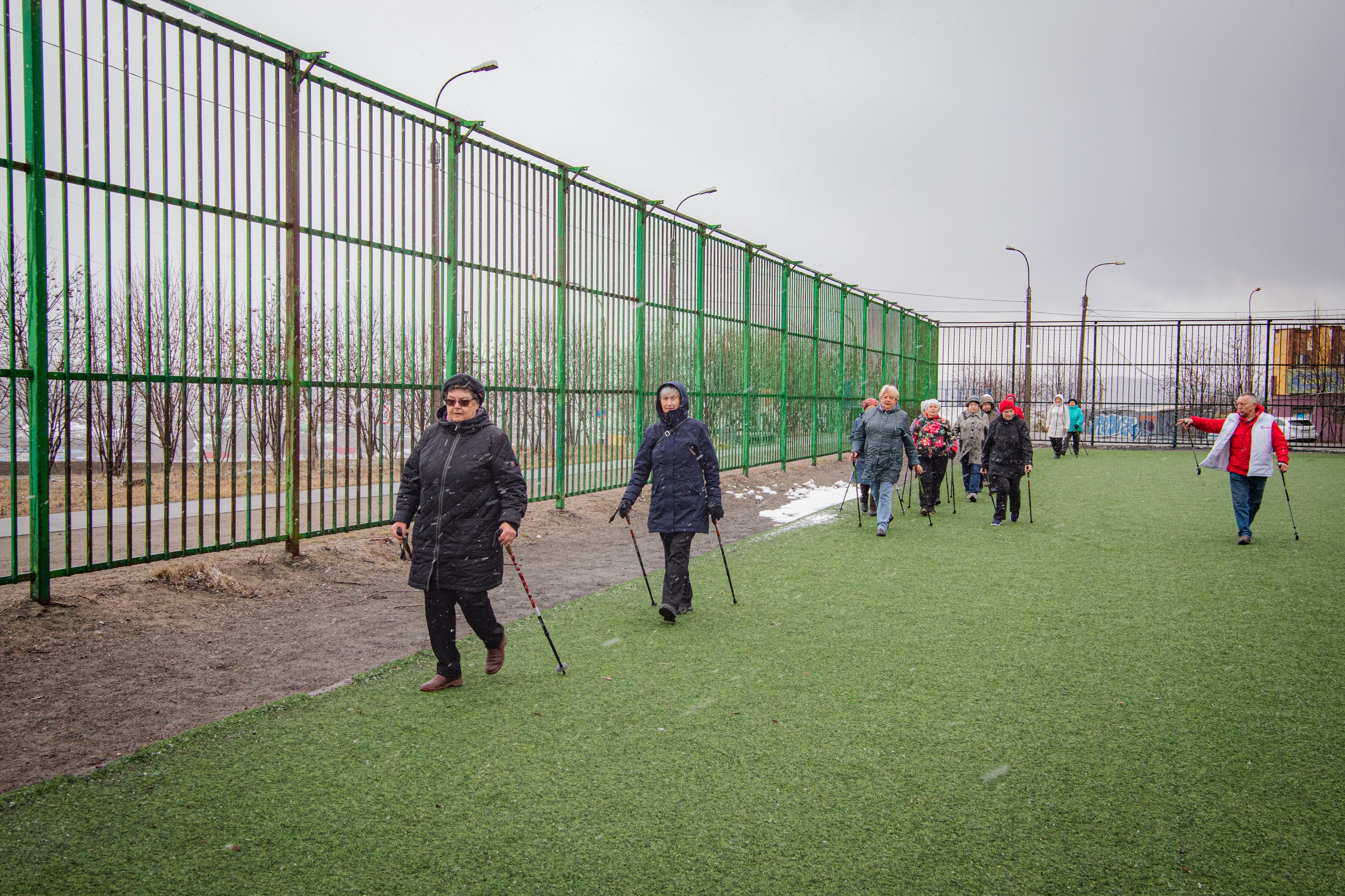 Люди занимаются скандинавской ходьбой