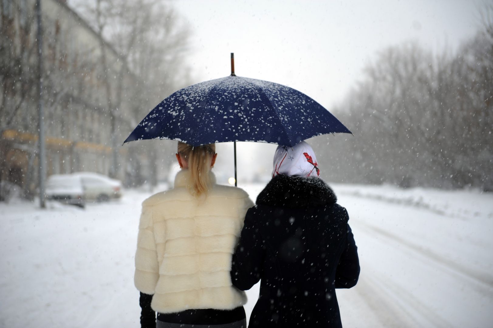 Женщины идут под зонтом во время снегопада