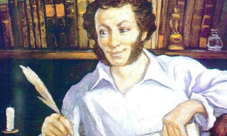 Пушкин пишет пером