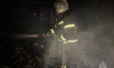 Сотрудник МЧС тушит пожар