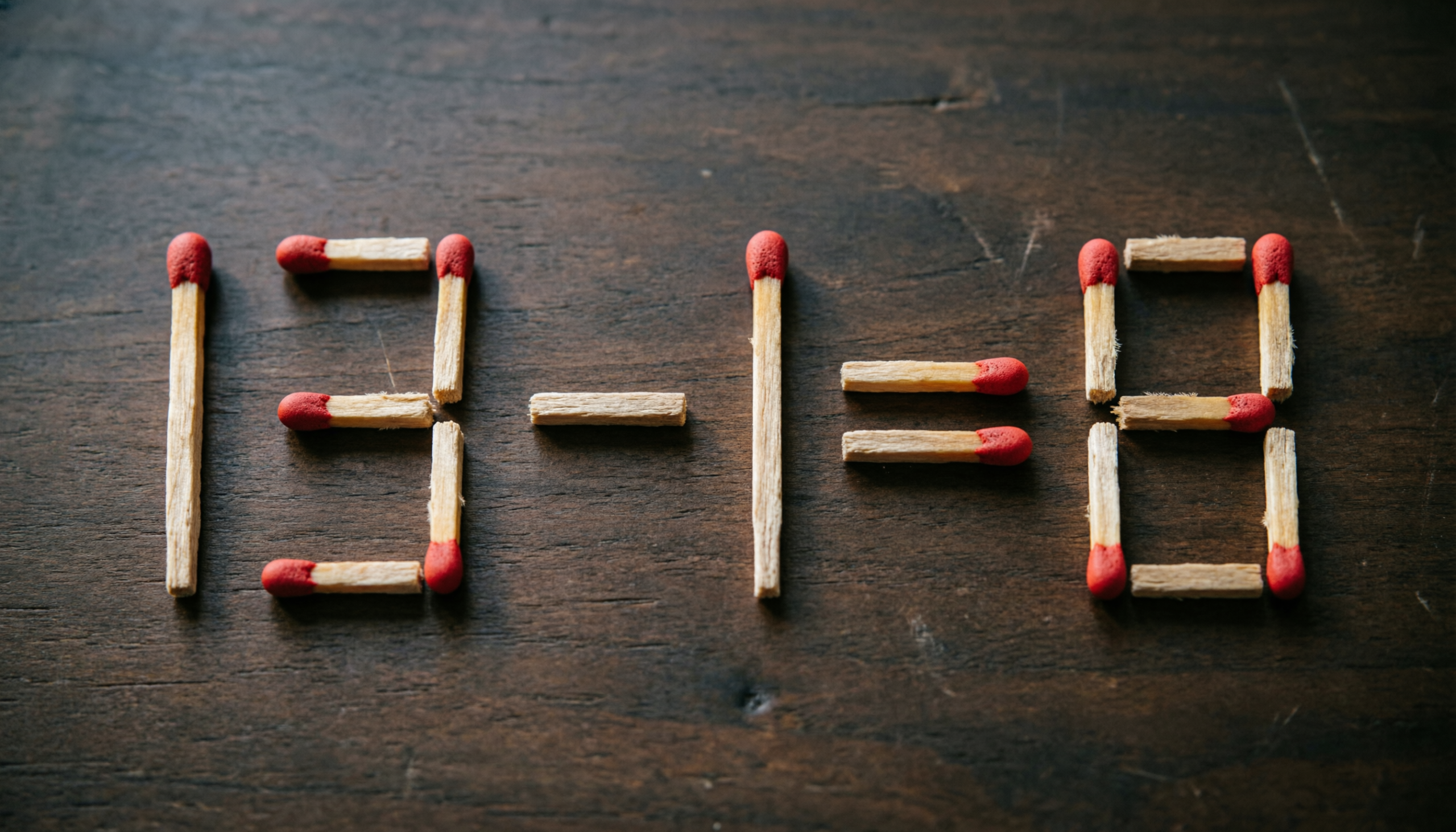 Арифметический пример 13-1=8, выложенный из обычных деревянных спичек на темном столе для теста на логику