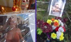Фотографии девушки, развешанные на чужих могилах.
