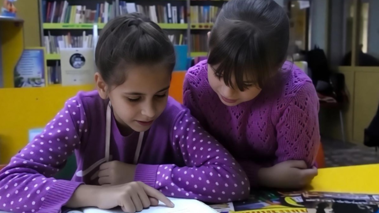 Школьницы читают книгу