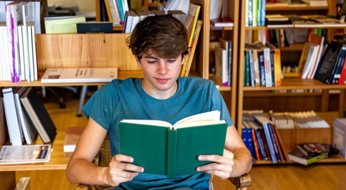 Подросток читает книгу